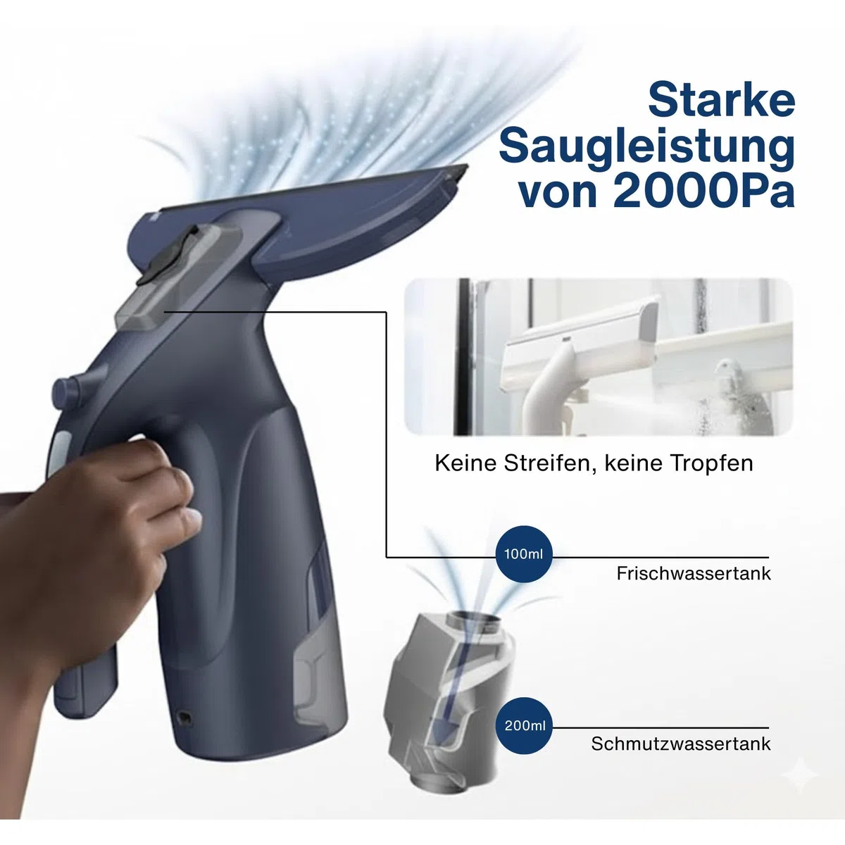 Samako CrystalClear Pulitore per finestre 3 in 1 – Aspirapolvere a batteria con funzione spray – Serbatoio rimovibile – Include 2 panni in microfibra