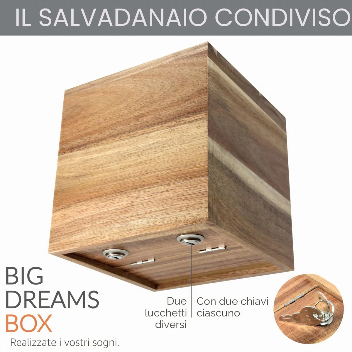Big Dreams Box – Salvadanaio in legno con doppia serratura | Sfida di risparmio per coppie | Regalo originale per matrimonio e anniversario | Per viaggi, vacanze e sogni condivisi
