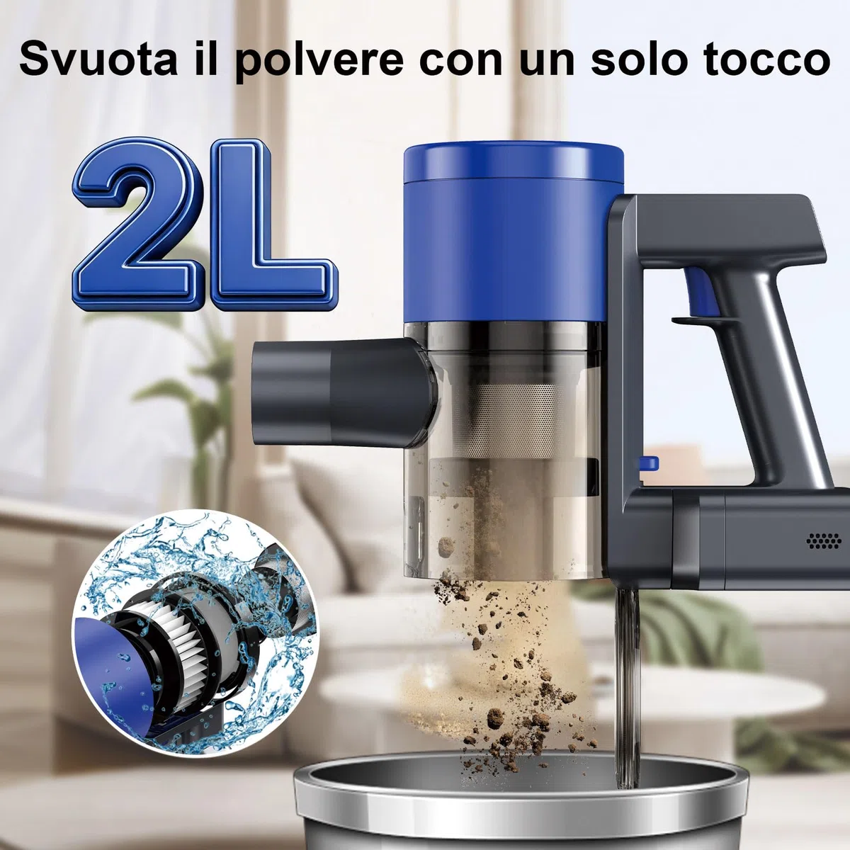 Aspirapolvere Senza Fili Potente 650W/58KPA/60Mins, Scopa Elettrica Senza Fili Anti-Groviglio LED Peli Animali, 2,3kg Ultraleggero, 2L Senza Sacco, Filtro HEPA,Pavimenti Duri e Tappeti (BLUE)