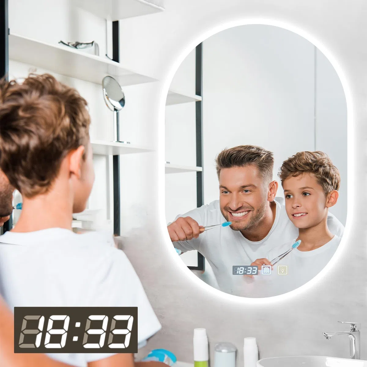 Viugreum Specchio da bagno con illuminazione 50x75cm, Specchio da bagno ovale a LED, Dimmerabile 3 colori della luce, Antiappannamento, Orologio, Interruttore touch, Specchio da bagno LED con