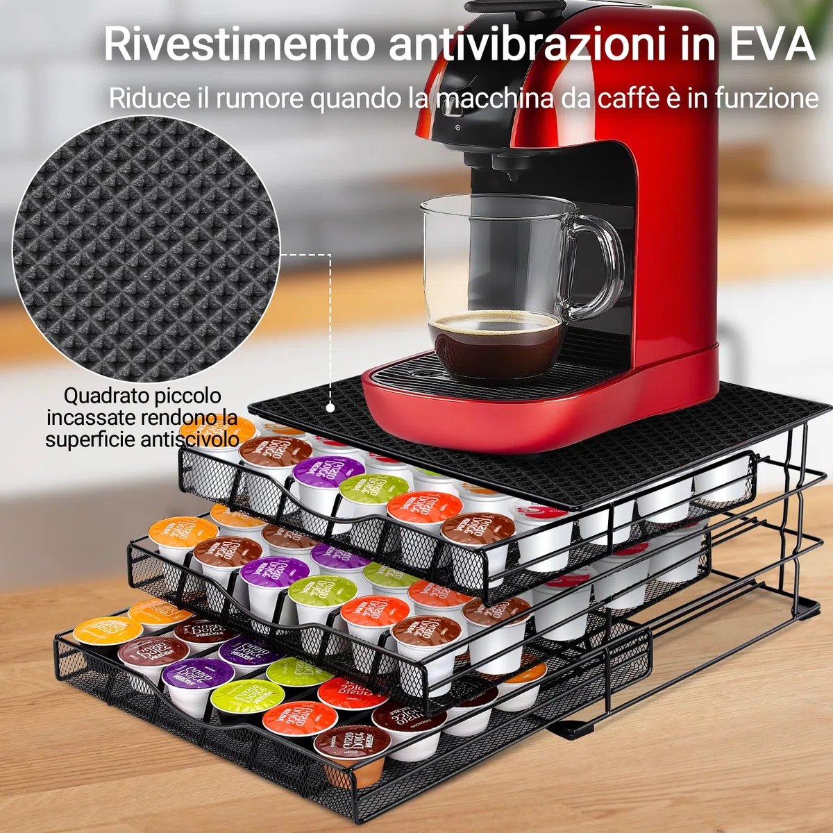MASTERTOP Cassetti Capsule Dolce Gusto 108pz, Porta Capsule Antiscivolo a 3 Cassetti, Dispenser Capsule di Grande Capacità con Supporto Antivibrazioni in EVA per Macchina Caffè