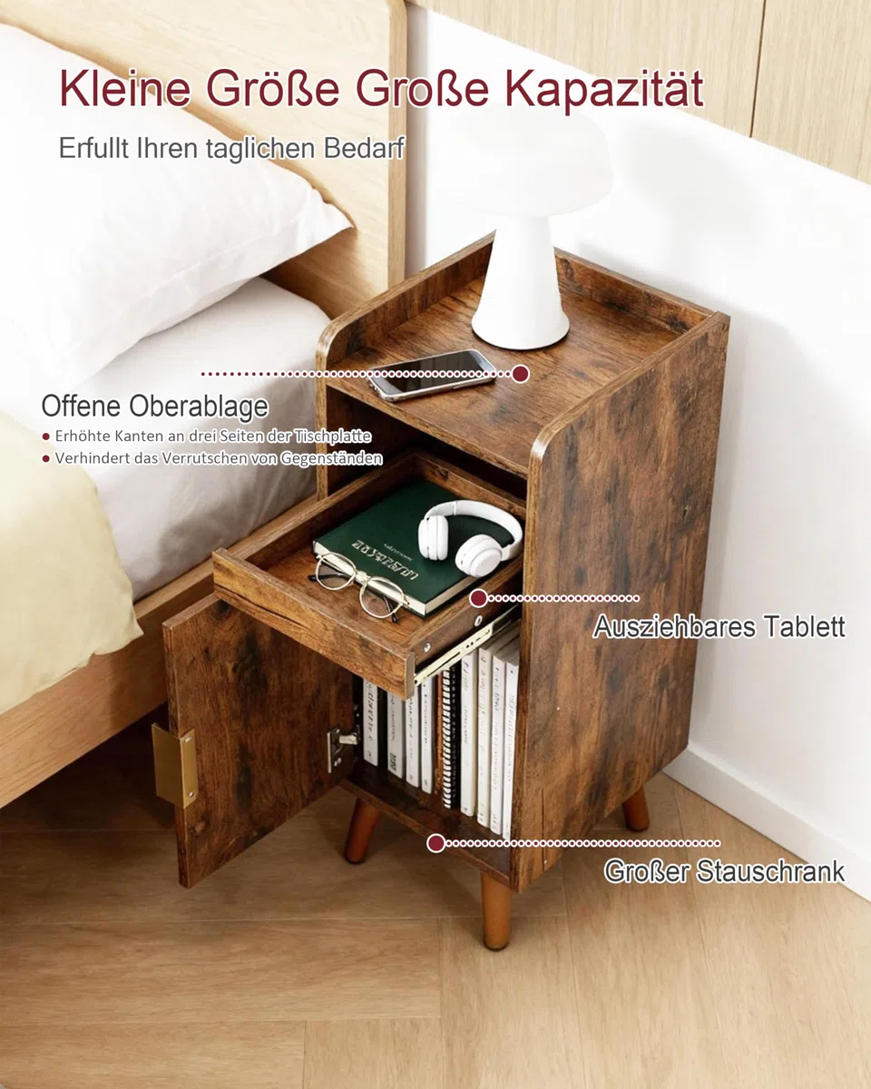 Comodino marrone, set da 2 pezzi, con vassoio estraibile e porta, comodino con manico in metallo, gambe in legno massiccio, comodini con scomparto aperto, comodino per camera da letto