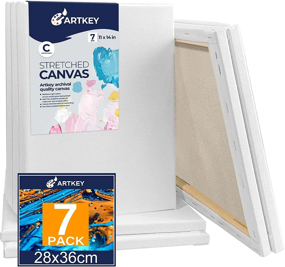 Tela allungata per pittura 28 x 36 cm, confezione da 7, 300 g/m², tripla innescata senza acidi, 100% cotone incorniciato, tela d'arte vuota per acrilici versando olio pittura ad acquerello