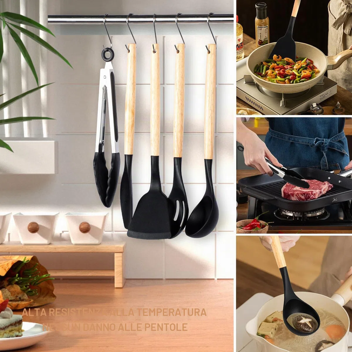 Utensili Cucina Silicone, set di 22 utensili cucina senza BPA, manico in legno, antiaderenti, resistenti al calore, con 10 ganci, nero