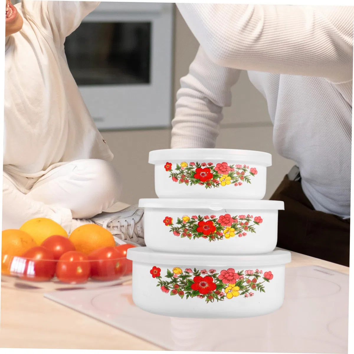 Hemobllo Set Di 3 Ciotole Smaltate Coperchio e Motivo Floreale Casuale, Contenitori Cucina Versatili Per Frutta, Insalate e Zuppe, Per Casa e Ufficio