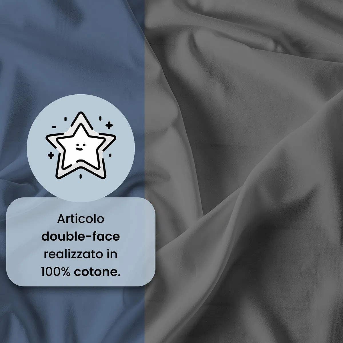 COMPLETO LETTO MATRIMONIALE NATURAL COLOR 100% Cotone - Prodotto in Italia - Sopra 240x300 cm, Sotto 170x200 cm, Federe 50x80 cm Tinta Unita - DoubleFace - Avio/Fumo