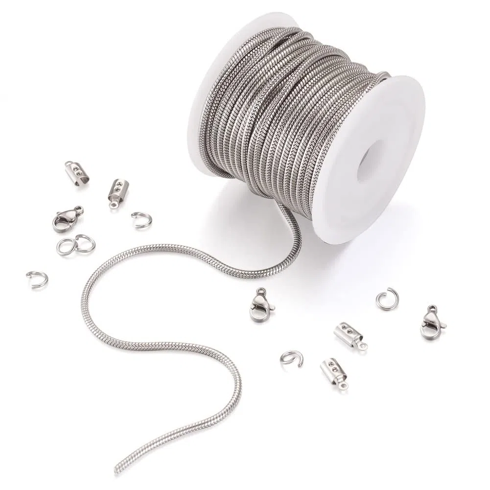 Craftdady 5M Catena in Acciaio Inox Rotonda a Serpente con Anello a Molla Moschettone e Gemme per Catene Fai Da Te Kit per Realizzare Collane Gioielleria per Uomini Donne