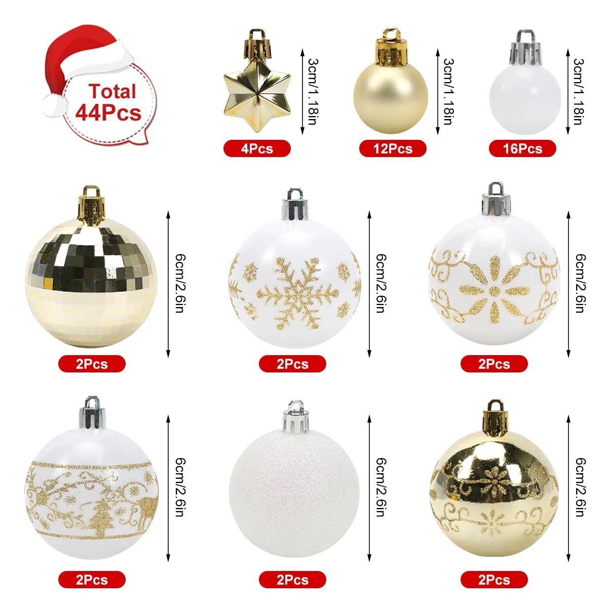 Palline di Natale Oro e Bianco, 44 Pezzi Decorazioni Albero di Natale, Palline Albero Natale, Addobbi Natalizi per Albero, Palle e Stelle dell'Albero di Natale, Appendere Addobbi Natalizi