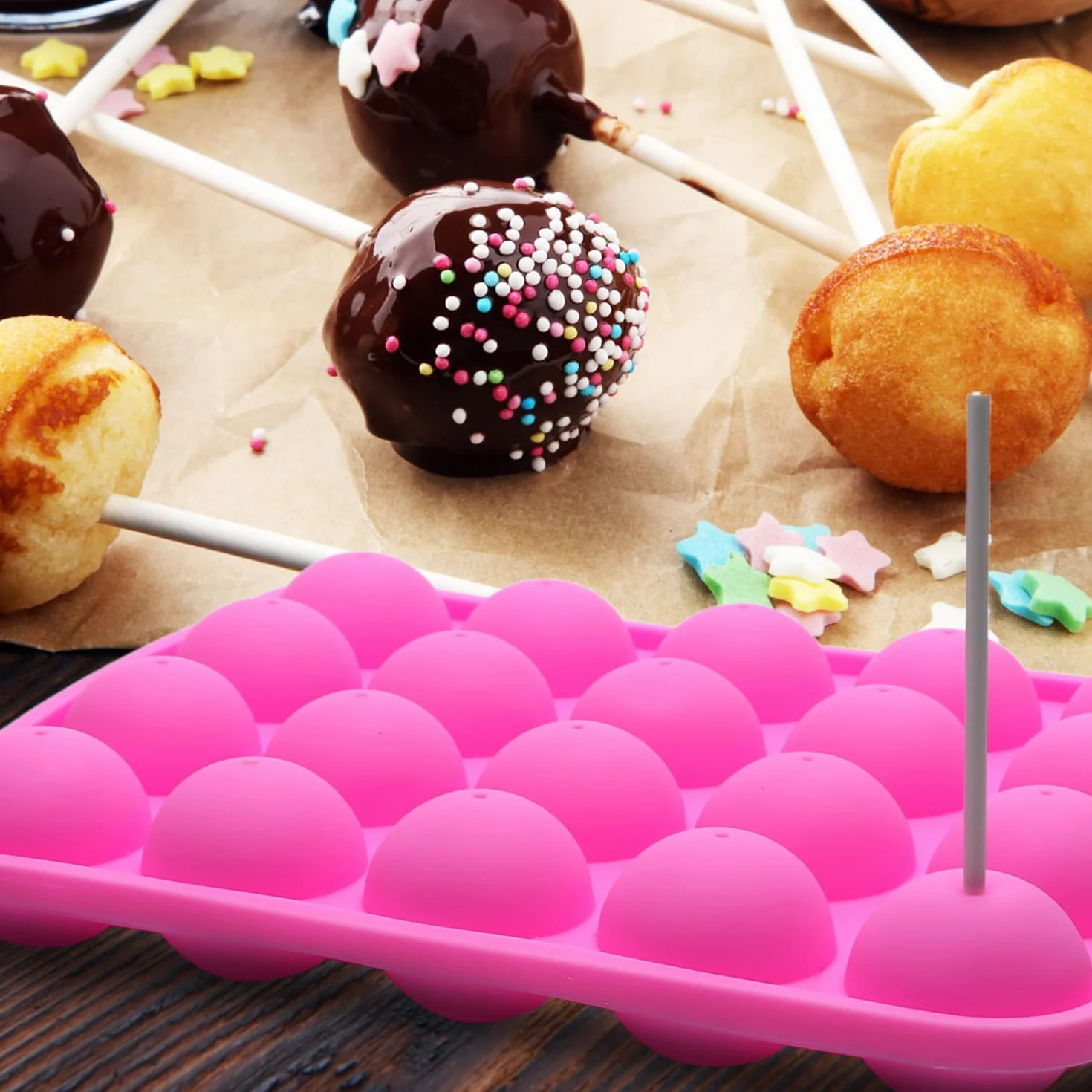 Stampi per cake pop da forno, 20 cavità in silicone vassoio Pop cake stick Mould- Lollipop Party Cupcake stampo per torte, 100 cake pop, 100 wrapper, 100 Twist Ties