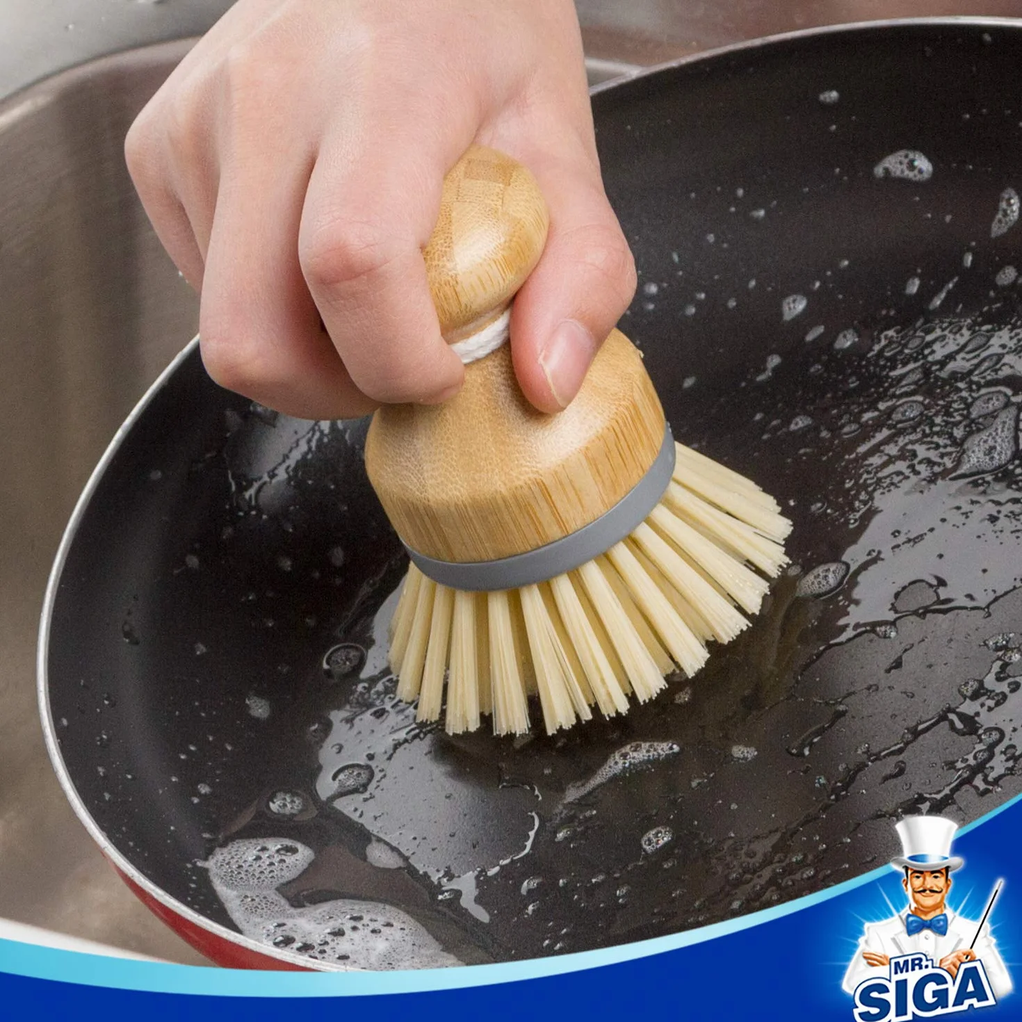 MR.SIGA Bamboo Palm Brush, Scrub Brush for Dish Pans Pins Kitchen Sink Cleaning, Confezione da 2