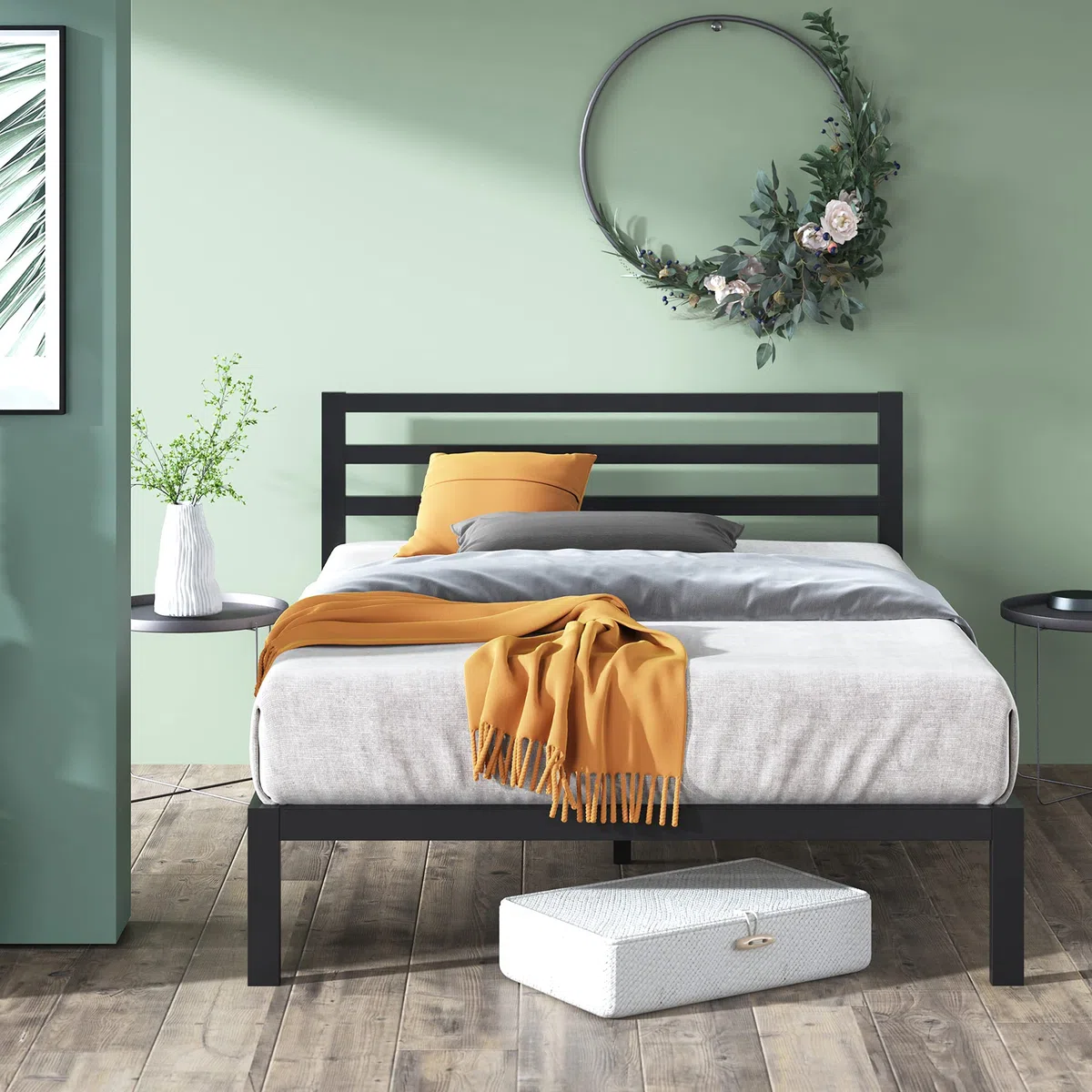 Zinus Mia Struttura Letto 120x190 cm con Testiera in Metallo - Altezza 36 cm - Letto Una Piazza e Mezza con Doghe in Legno e Spazio Sottostante - Facile da Montare - Nero
