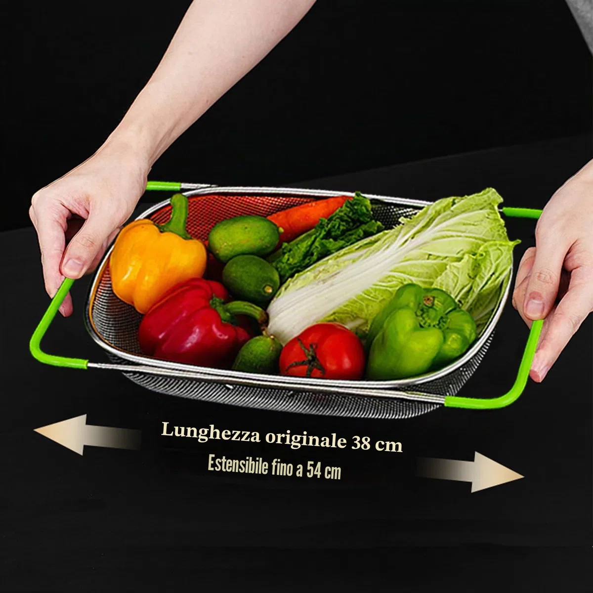 Scolapasta estensibile da posizionare sul cestello del lavello (38–54 cm), scolapasta a maglia fine per la cucina, per scolare gli alimenti e riporre le stoviglie – Scolapasta da lavello verde