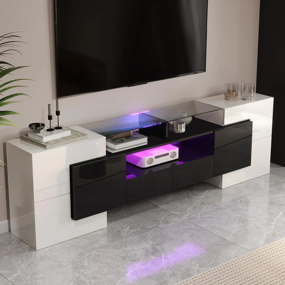 Lowboard per TV moderna, larghezza 200 cm, bianco lucido e grigio, con illuminazione LED RGB, 6 ante e 2 cassetti, armadietto multimediale (bianco+nero + MDF)