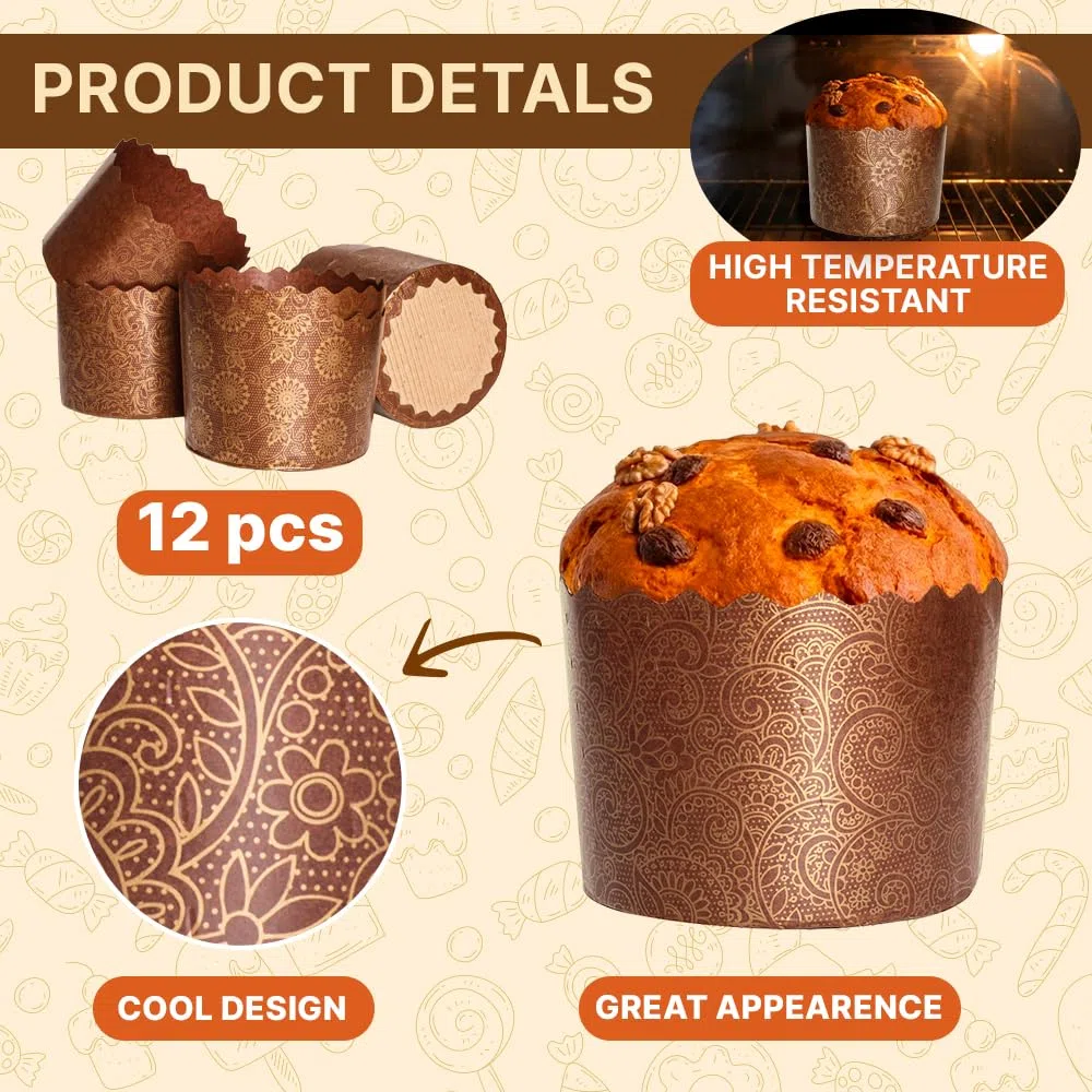Stampo per carta per pane pasquale da 12 once Kulich,12 pezzi,Stampo per pane paska,Stampi per panettoni in carta italiana antiaderente per panettone,Design marrone W 4.33xH 3.35 pollici