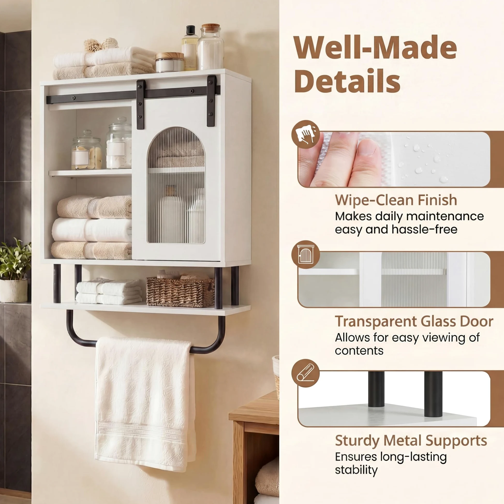 LIFEZEAL Armadio a Parete per Bagno, Armadio con Porta Asciugamani e Scomparto Aperto, Mobile Sospeso per Bagno, Cucina, Soggiorno, 50 x 20 x 70 cm (Bianco)