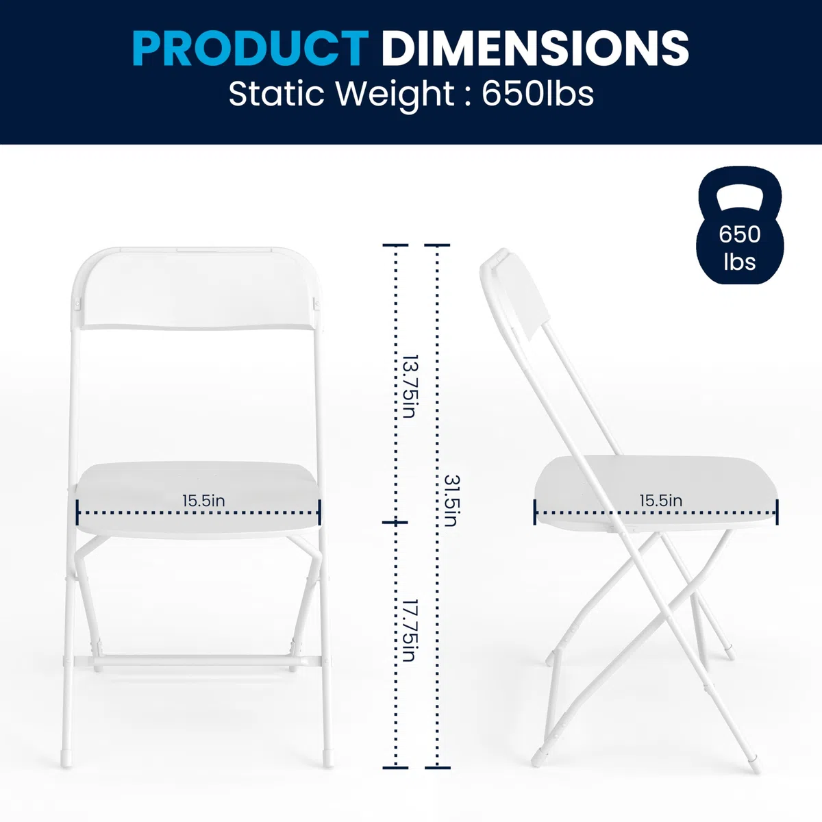 Flash Furniture Sedia pieghevole in plastica serie Hercules, bianca, confezione da 10 650LB, comoda sedia per eventi, sedia pieghevole leggera