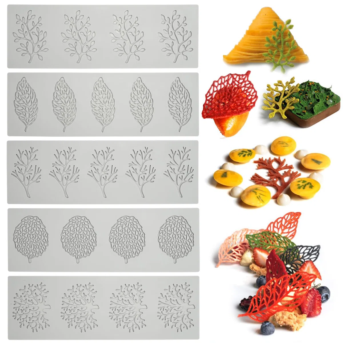 Stampo per Torta in Pizzo, 5 Pezzi Tappetino in Pizzo di Silicone, Stampi per Fondente in Pizzo, Stampi Silicone Foglia, per Dessert, Torte, Decorazione del Piatto