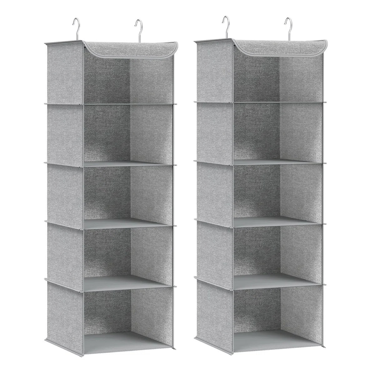 SONGMICS Organizer Armadio da Appendere, Set di 2 Portaoggetti da Appendere, Pieghevole e Salvaspazio, con Ganci in Metallo e Divisori Interni in Bambù, Stampa in Simil Lino, Grigio Chiaro RCH005W02