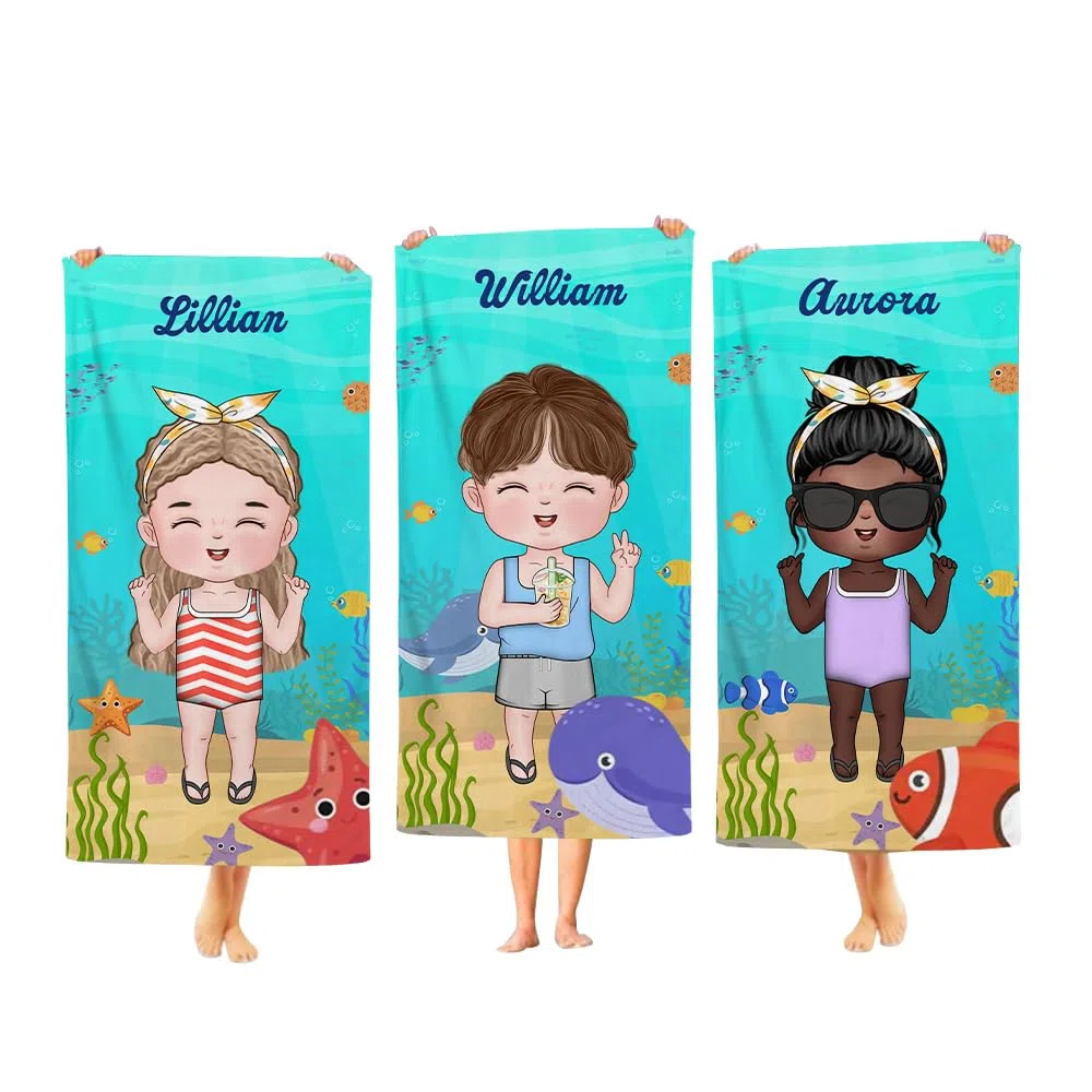 BYFDIY Asciugamano da spiaggia personalizzato con personaggio dei cartoni animati a tema marino oversize ad asciugatura rapida con nome compleanno vacanze estive accessori regalo per ragazzi ragazze