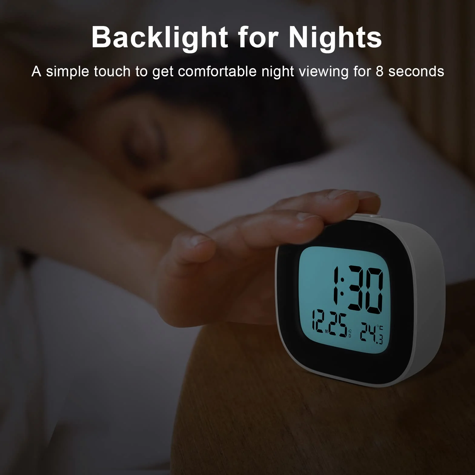 Sveglia da Comodino a Pile con Visualizzazione della Temperatura, Funzione Snooze e Retroilluminazione per Viaggi, Camera da Letto (2 Batterie AAA Incluse) Bianco