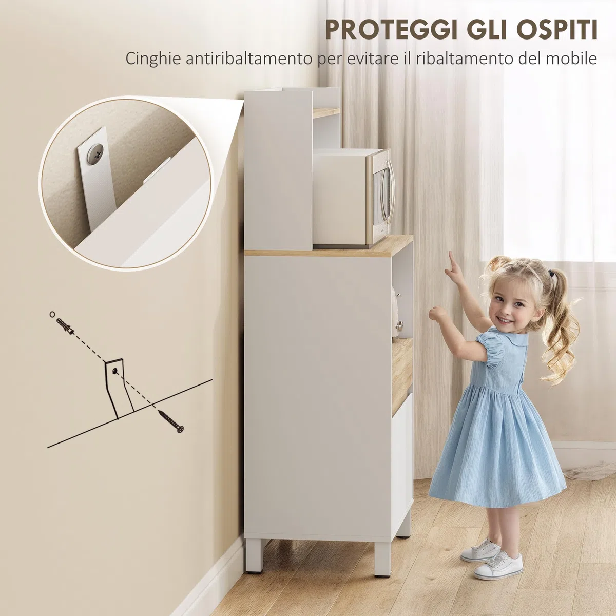 HOMCOM Mobile Microonde con Armadietto a 2 Ante Soft Close, Credenza Cucina Microonde con Cassetto, Piano per Elettrodomestici, Scaffale Superiore, Ripiano Aperto, per Soggiorno, 60x40x131cm, Bianco