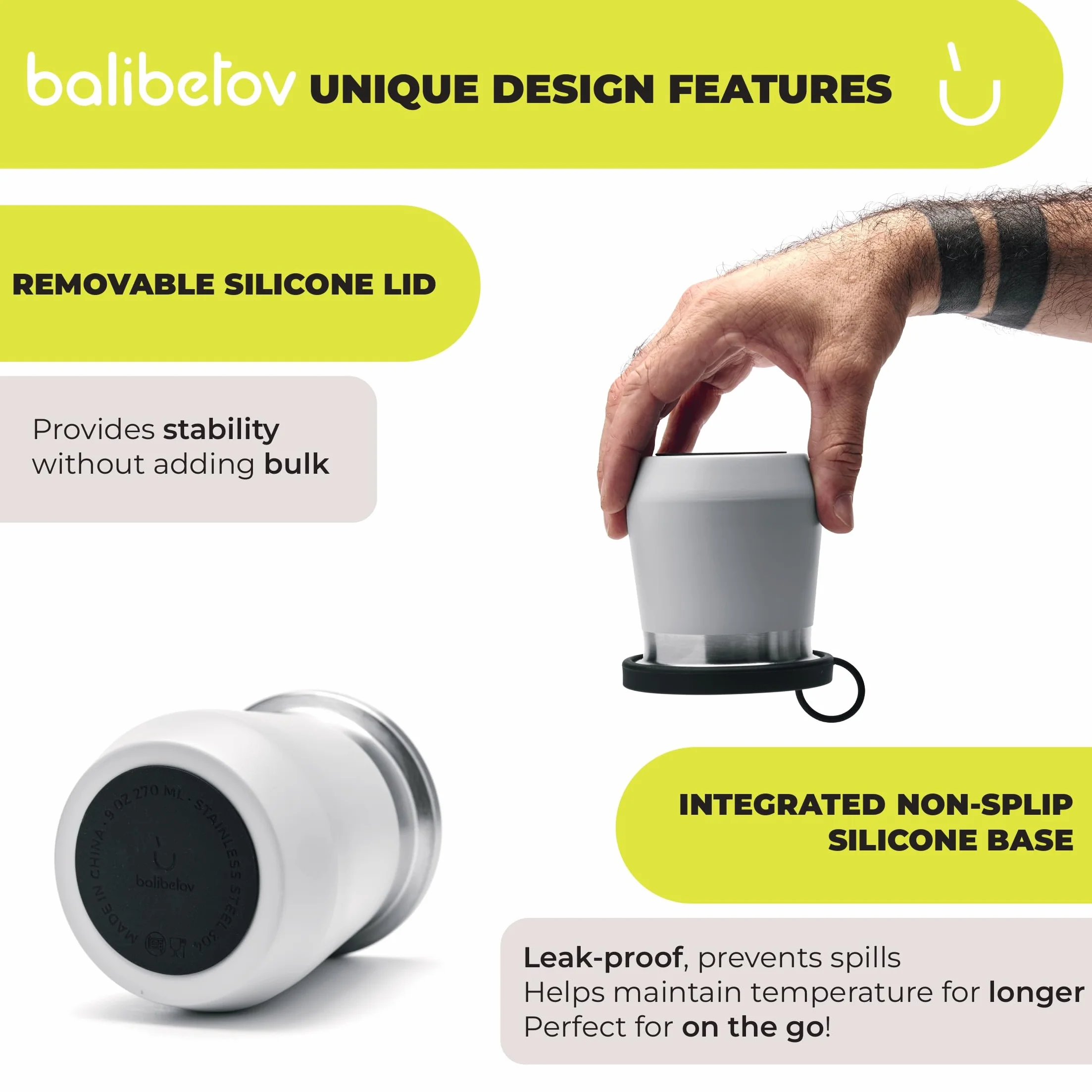 BALIBETOV Yerba Mate Zucca - Tazza Yerba Mate in acciaio inox con isolamento a doppia parete, base antiscivolo, coperchio in silicone a prova di fuoriuscite - Mate Argentino - Mate Tazze (Grigio)