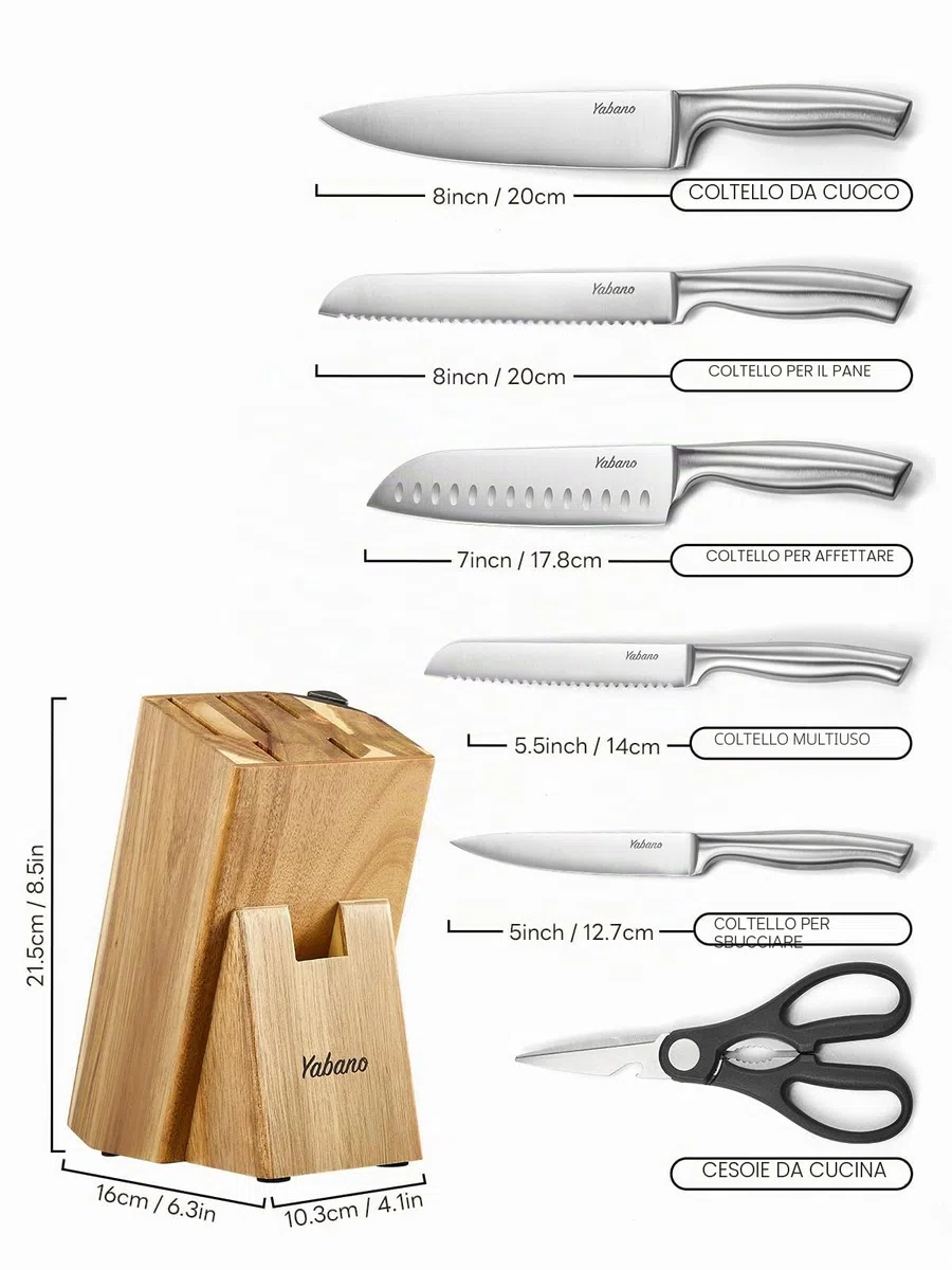 Set Coltelli da Cucina con Ceppo, 7 Pezzi in Acciaio Inox Tedesco con Affilatore Integrato, Coltelli Professionali con Forbici e Ceppo, Coltelli da Chef per Cucina Domestica