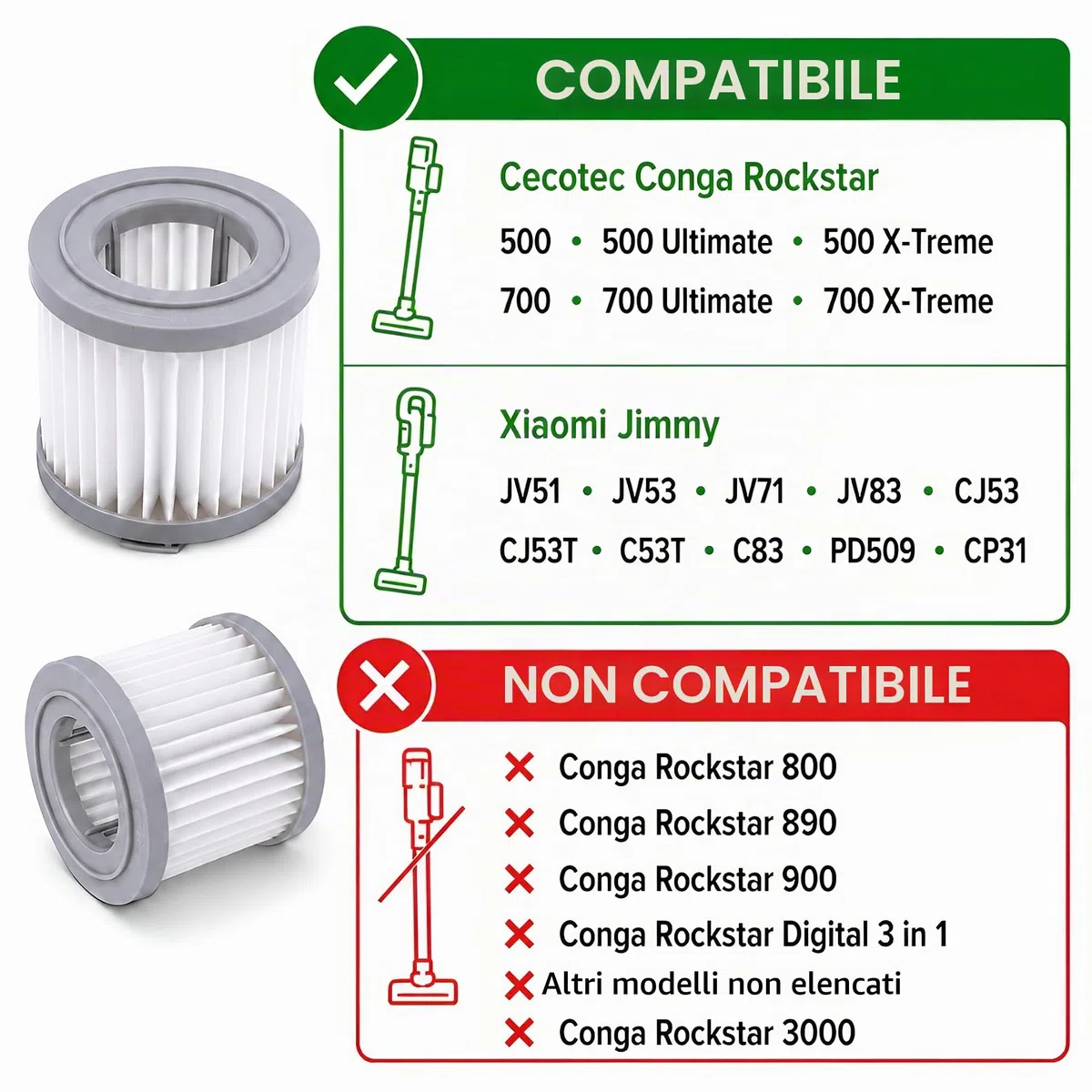 MIRTUX Kit filtri per aspirapolvere Cecotec Conga Rockstar (eccetto 8xx, 890) e Xiaomi Jimmy jv Confezione da 4 - Ricambi per aspirapolvere Xiaomi Jimmy e Conga Rockstar - Accessori di qualità