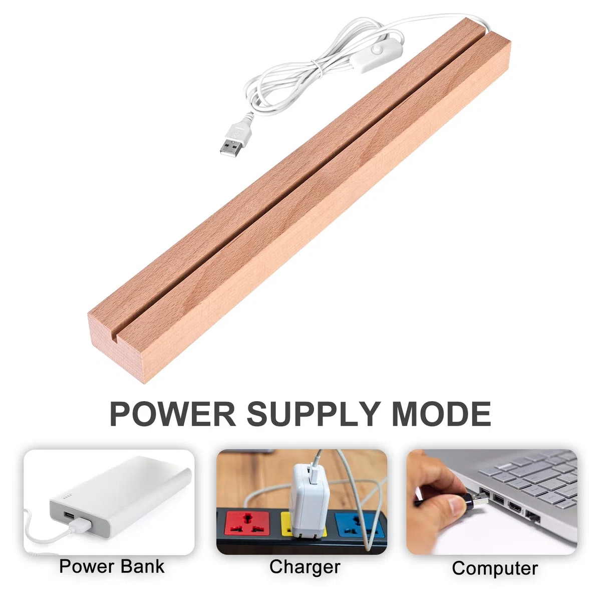 Vegena BY-YQ-TongCao - Base luminosa a LED in legno, con interruttore USB, per display da tavolo, in acrilico, lunghezza 30 cm, luce bianca calda, 2 pezzi