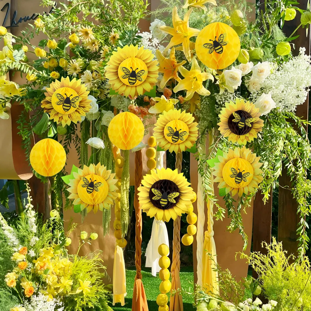 12 Pezzi Girasole Fiori Carta Crespa da Appendere Pompom et 12 Adesivi a Forma di ape Fiori di Carta per Compleanno Matrimoni Baby Shower Feste in Fiardino