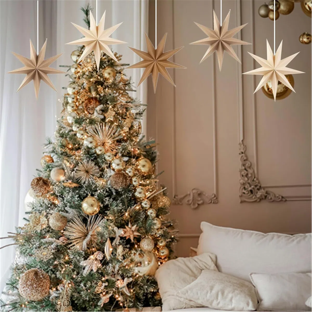 Set di 5 Stelle di Carta da Appendere, Decorazione Natalizia per Interni ed Esterni, Decorazione Natalizia, 30 cm, Stelle di Carta da Appendere, per Decorazioni Natalizie (Marrone set)