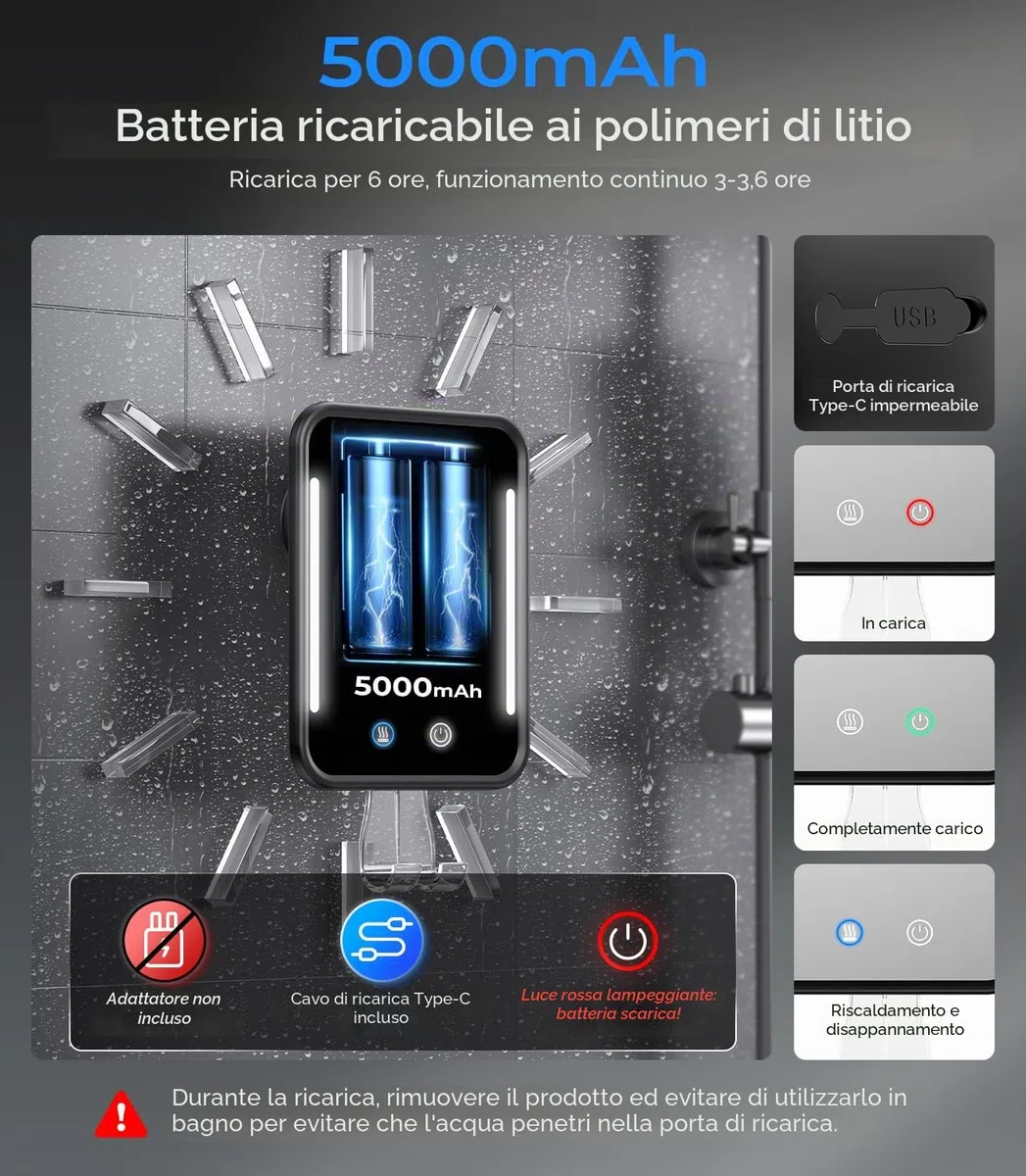 Gospire Specchio da doccia riscaldato, anti-appannamento, per rasatura con luce, batteria ricaricabile da 5000 mAh, ventosa rimovibile e supporto per rasoio da parete, senza foratura, rimovibile