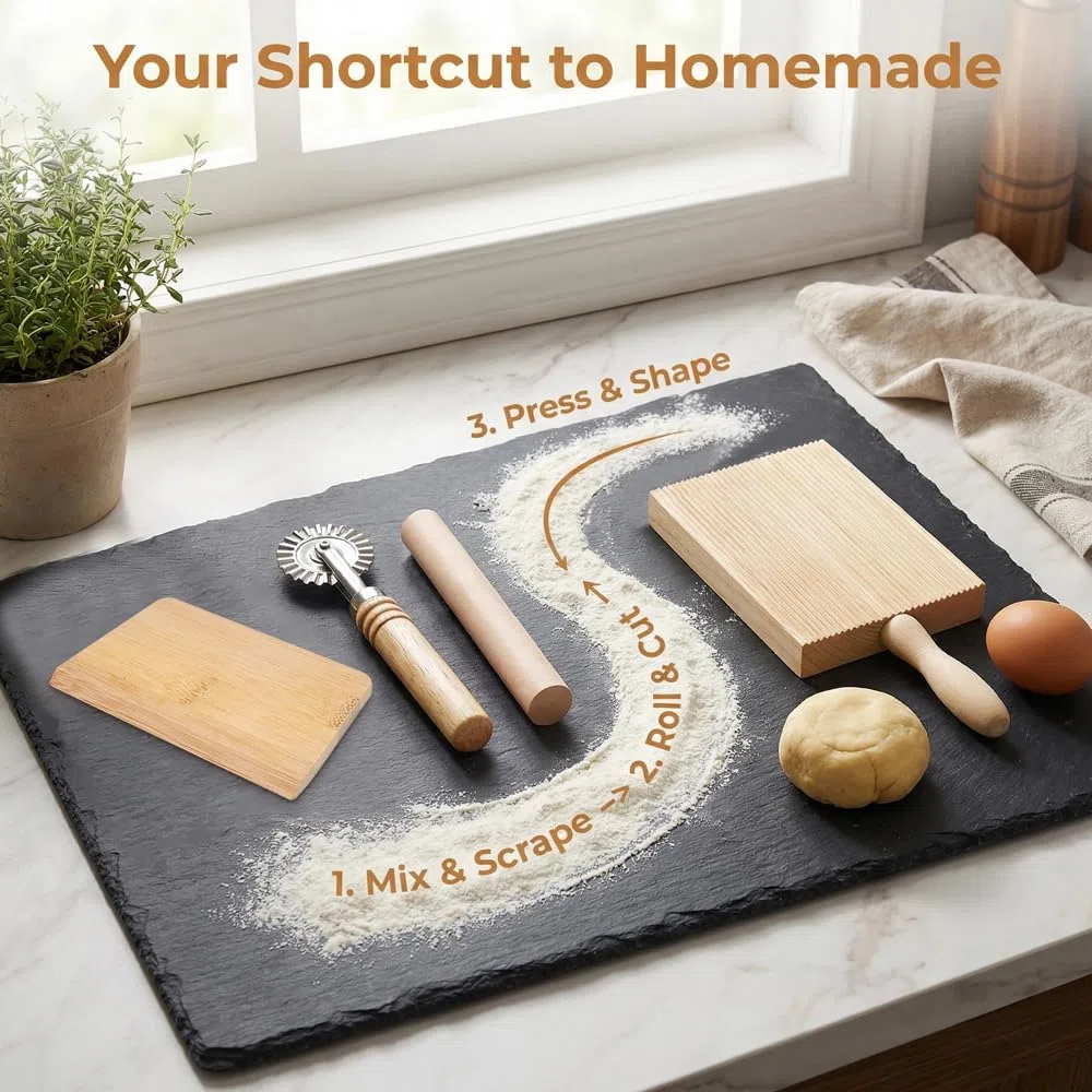 4 Pz Set di Rigagnocchi con Asta per Garganelli, Rigagnocchi in Legno, Utensile Manuale Realizzare Garganelli e Gnocchi, Pasta Board Gnocchi Roller con Mattarello, Taglia-pancake e Raschietto