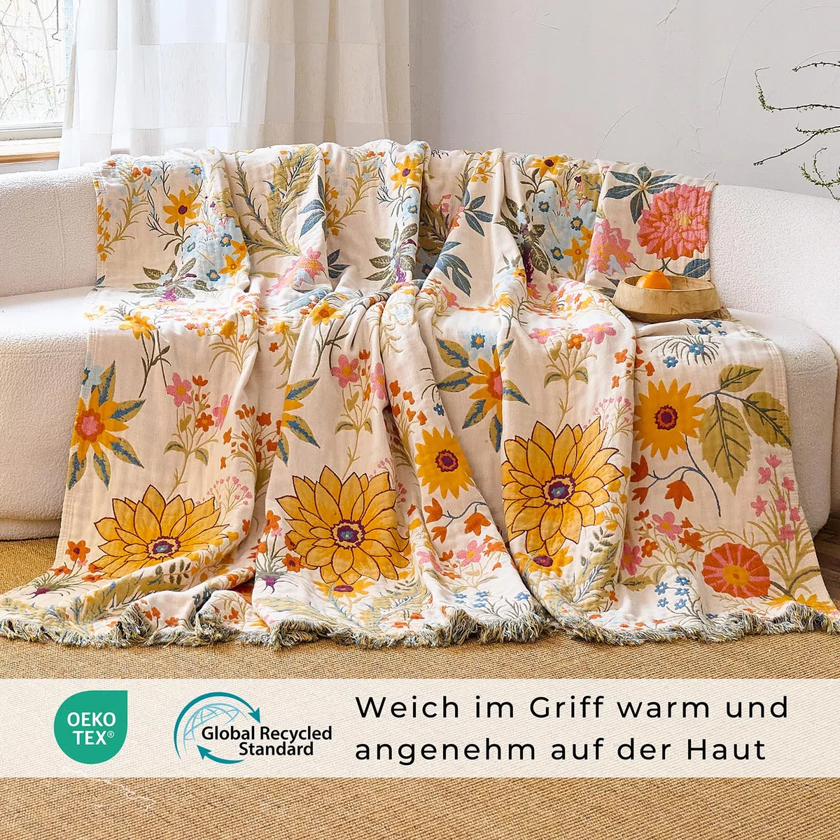 HOORDRY Copriletto boho in 100% cotone, 230 x 250 cm, double face, grande coperta per divano con nappe, di alta qualità, decorativa morbida, adatta come copriletto, copridivano o coperta per TV, beige