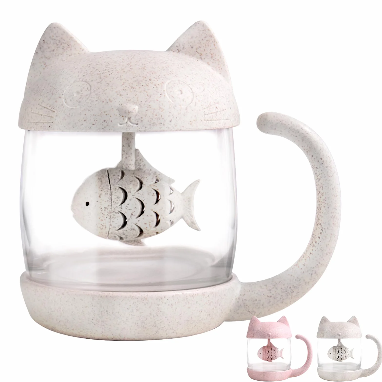 BigNoseDeer Tazza da tè in vetro con gatto carino, tazza da tè con infusore per tè a forma di pesce, Bottiglia dell'Acqua con Il Filtro,Tazza di caffè 250ML(8OZ)