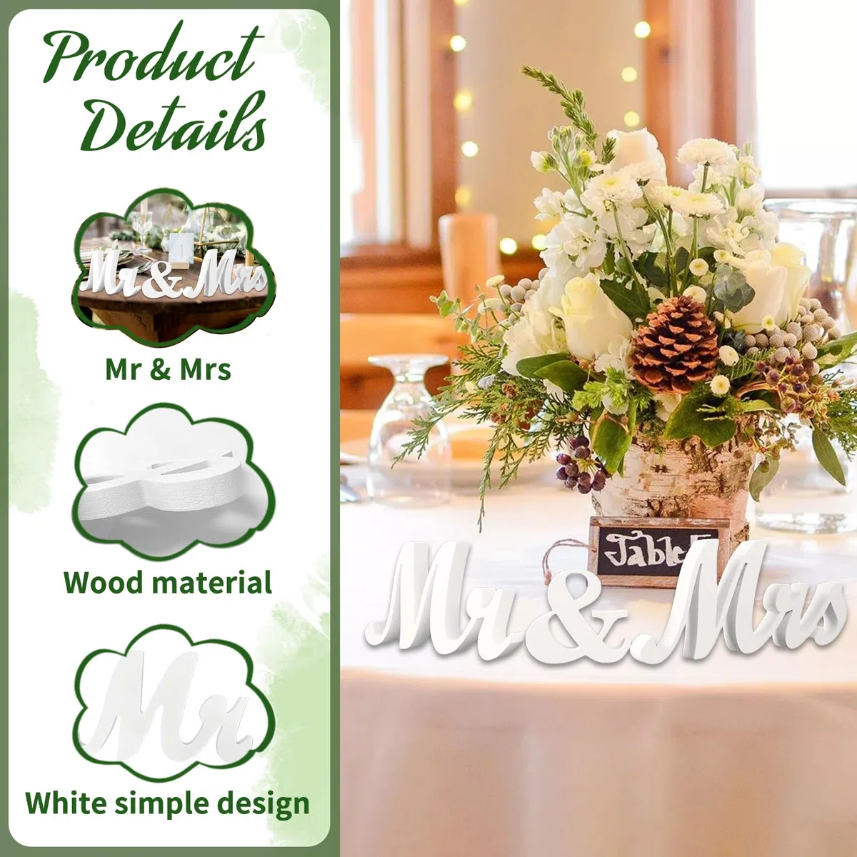 Decorazione per Matrimonio Mr & Mrs | Decorazione per Tavolo da Matrimonio Mr & Mrs in Legno | Decorazione per Festa di Fidanzamento | Regali di Nozze per Coppie di sposi (Bianco)