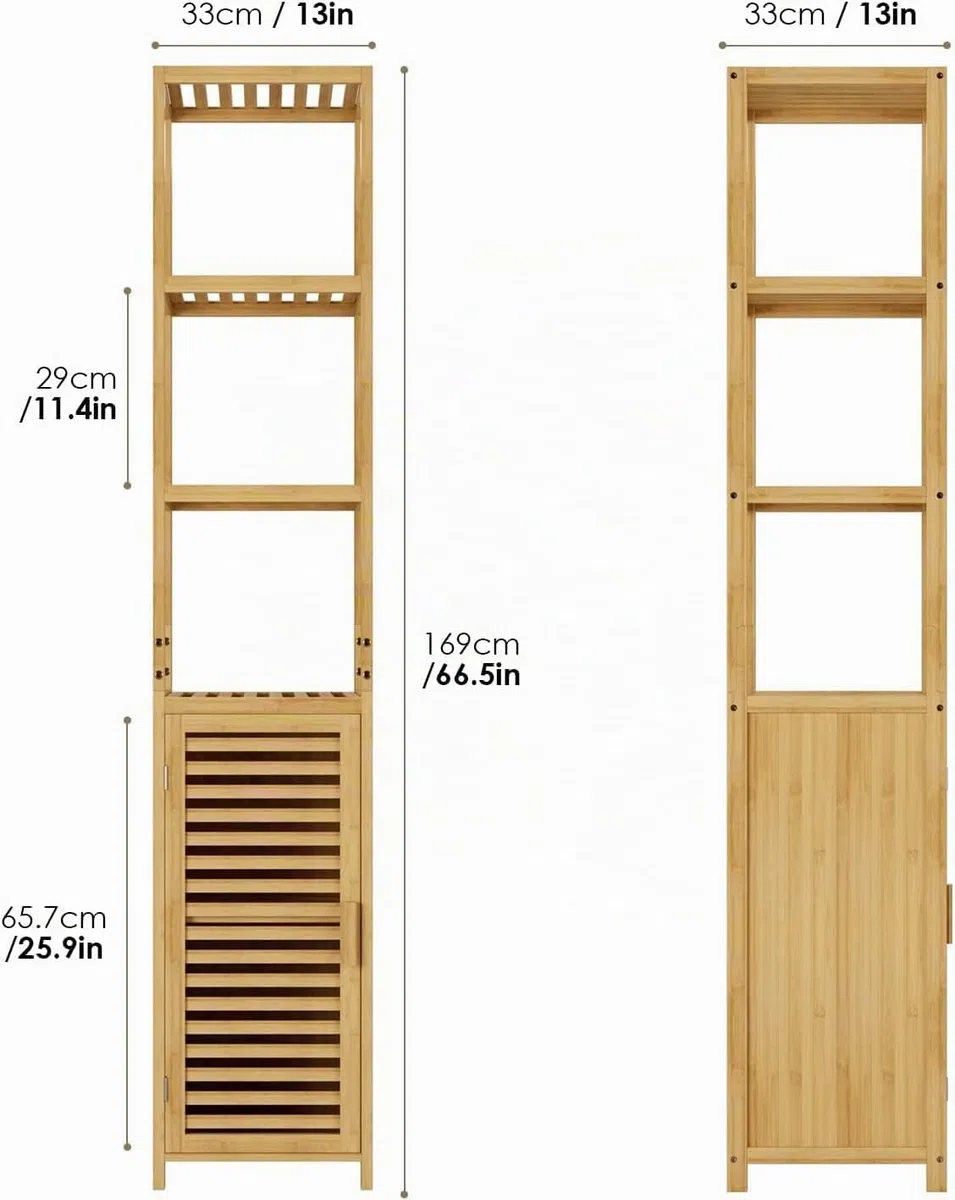 FOREHILL Mobile da Bagno Salvaspazio,Armadietto da Bagno a Colonna in bambù,Mobile da Terra a 3 Ripiani e 1 Ante,Mobiletto Autoportante da Angolo per Cucina Soggiorno 33x34x169cm