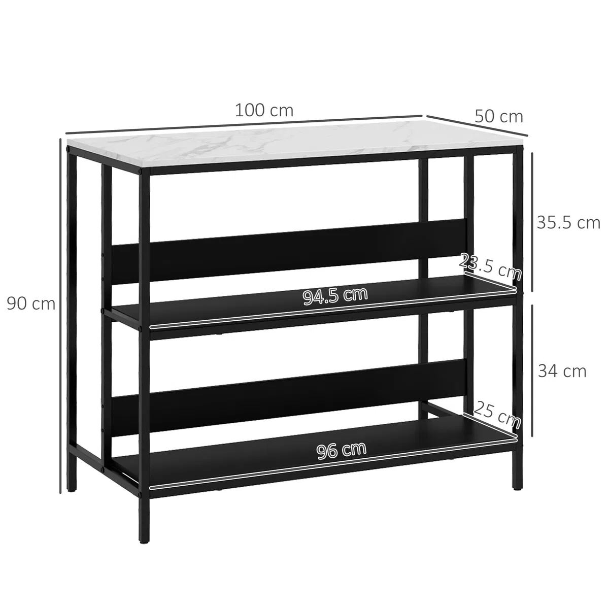 HOMCOM Isola da Cucina Bancone Bar con Ripiani, Scaffale da Cucina con Piano Effetto Marmo e Struttura in Metallo, 100x50x90cm, Nero e Bianco