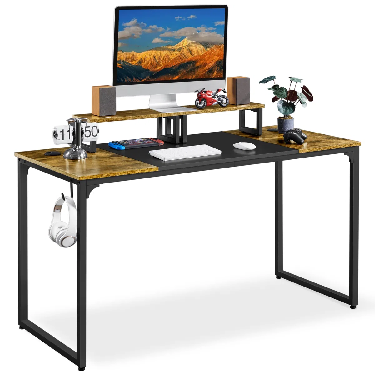 Yaheetech Scrivania per Computer Tavolo per PC Postazione di Lavoro Portaoggetti 140 x 60 x 89 cm Mobile da Ufficio a 2 Ripiani in Legno e Metallo Tavolo per Studio Vintage e Industriale