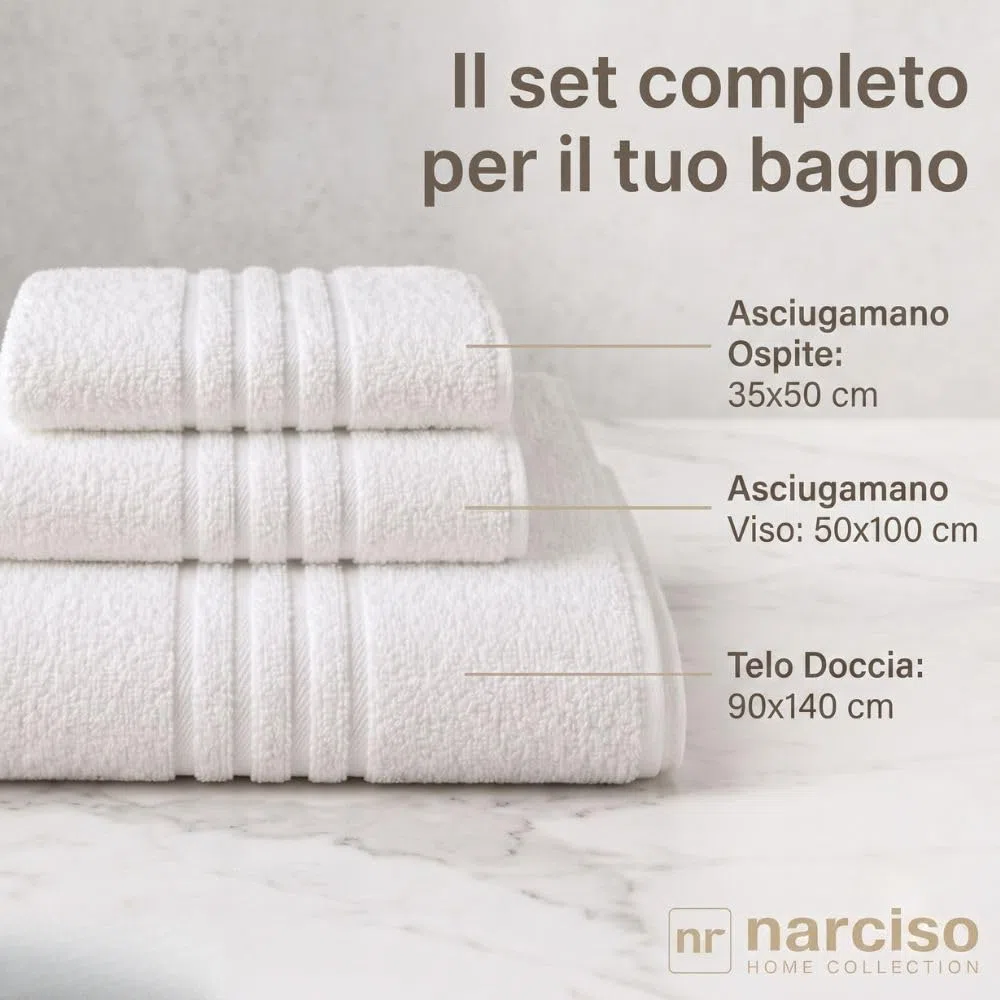 NARCISO - Set Asciugamani Bagno 12 Pezzi per Hotel, B&B e Casa in Cotone, Asciugamani Bianchi Classici (4 Viso, 4 Doccia, 4 Ospite) Bath Towels ad Alta Assorbenza (4 Tris)