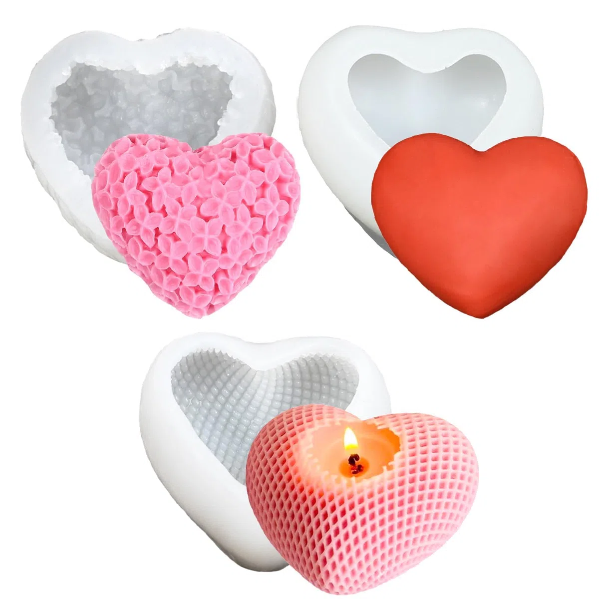 3 Pezzi Stampi in Silicone per Candele Stampi per Candele 3D per Candele a Forma di Cuore, fai da te in silicone per Sapone, per Sapone, Cioccolato, Decorazione per Torte