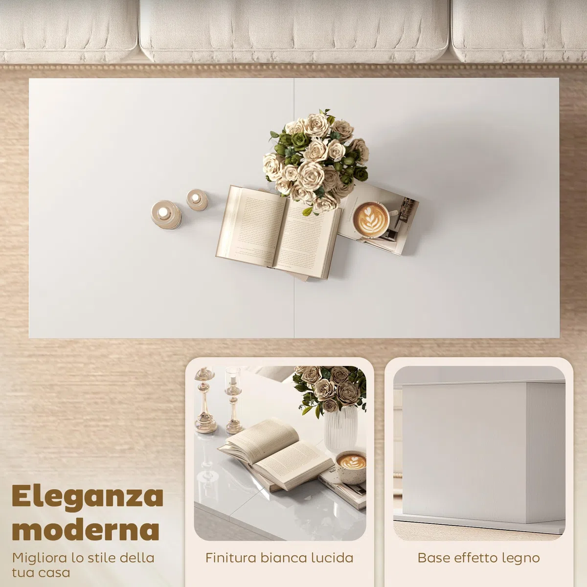HOMCOM Tavolino da Caffè Estensibile con Vano Contenitore, Tavolino Salotto Allungabile Moderno con Piedini Antiscivolo, Tavolo Soggiorno per Casa Ufficio, 108-178.5x53x49 cm, Bianco Lucido