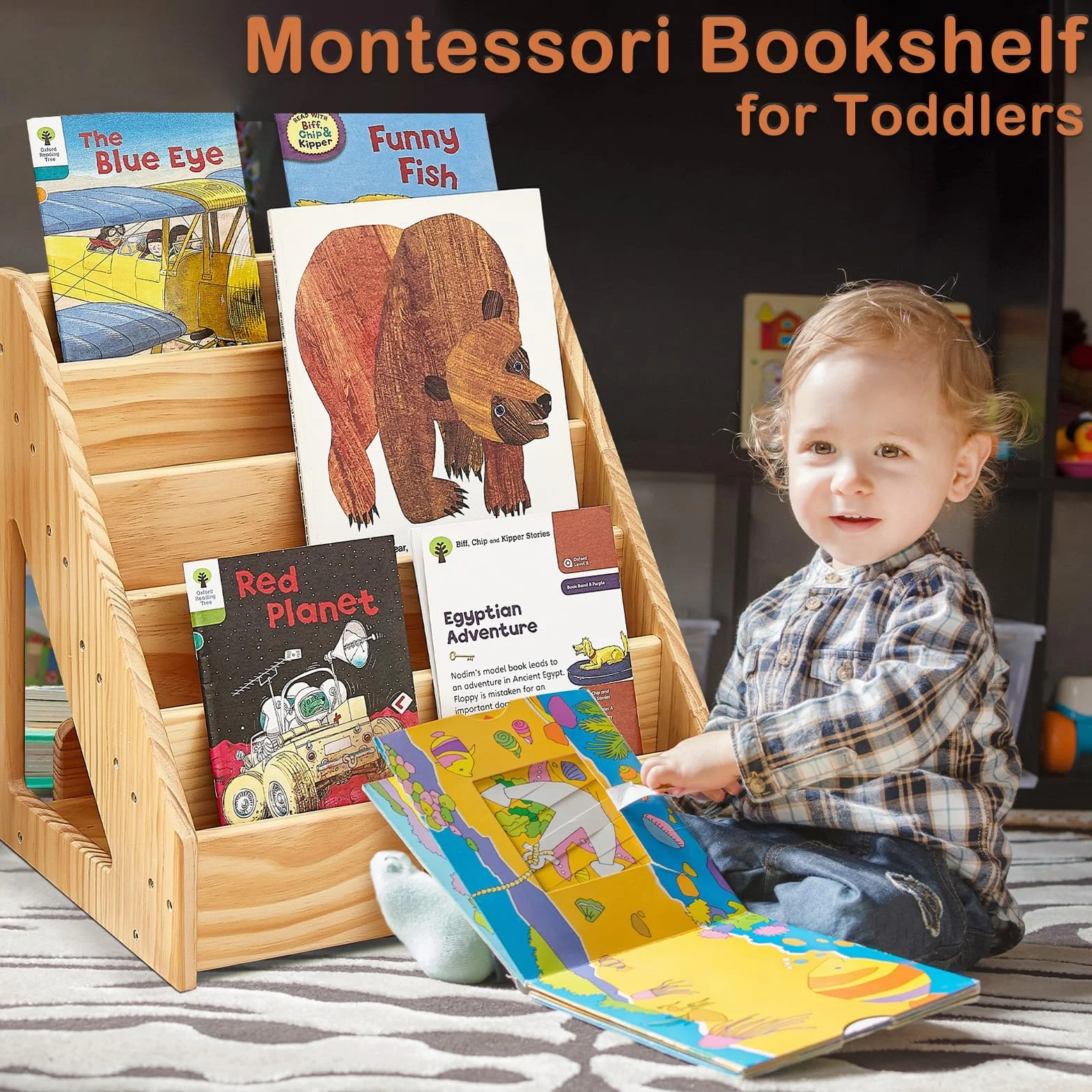 FUNLIO Libreria Montessori per Bambini da 1 a 5 Anni, Libreria Frontale con Maniglia e Dispositivo Antiribaltamento, Libreria in Pino Premium, per Bambini per Aula, Approvato CPC