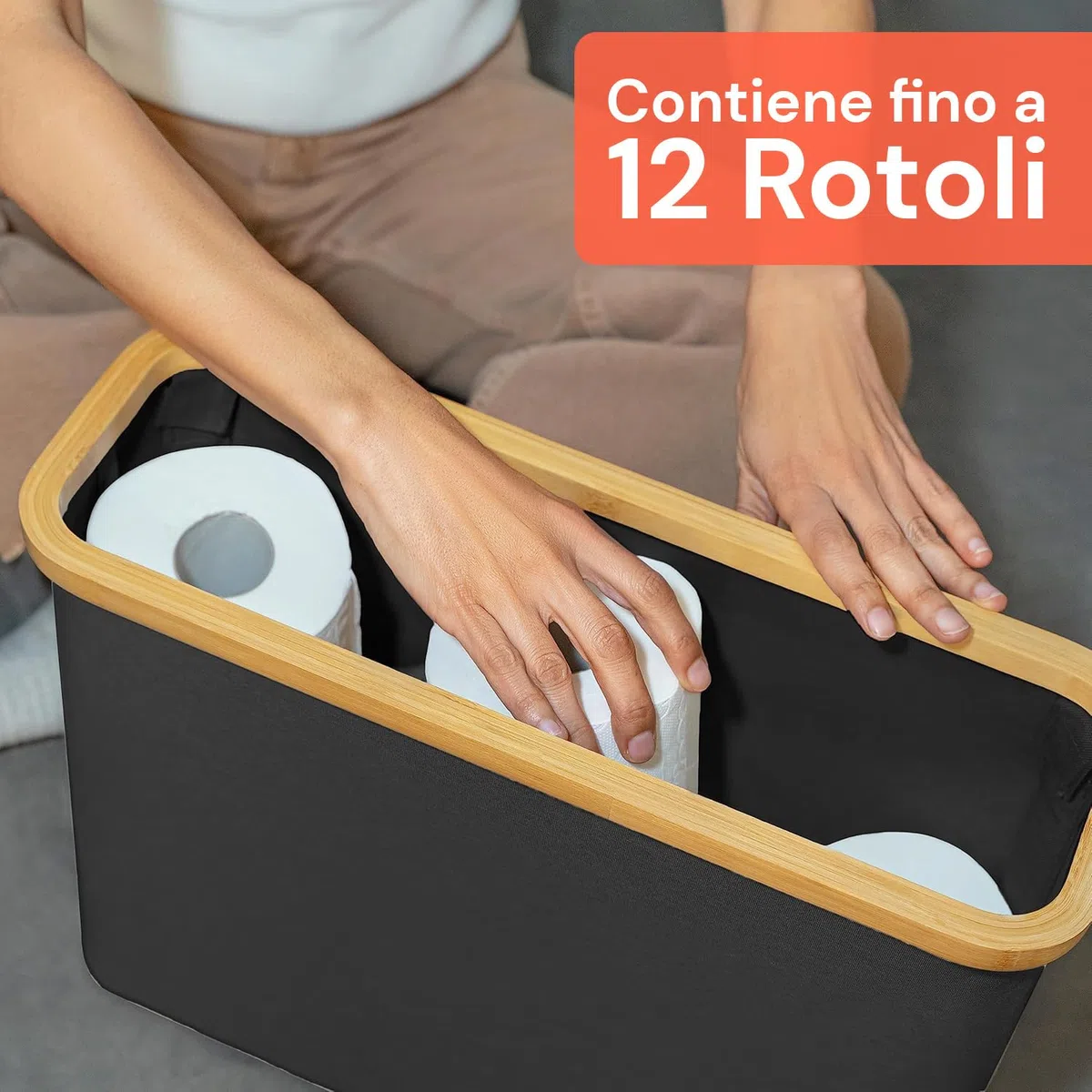 Avilia - Porta Carta Igienica in Tessuto Nero con Coperchio in Bambù Naturale, Design Elegante e Compatto per Accessori Bagno, Facile da Spostare e da Pulire, Capienza fino a 12 Rotoli