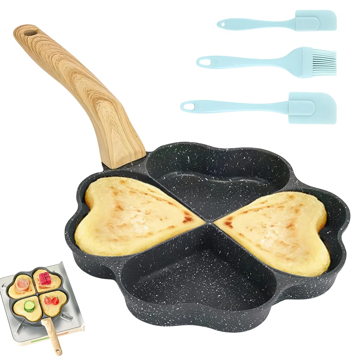 Padella a forma di cuore a 4 fori: antiaderente granito, piccole padelle, antiaderente con spatola in silicone e pennello, padella a induzione, senza PFOA, per fornello a gas