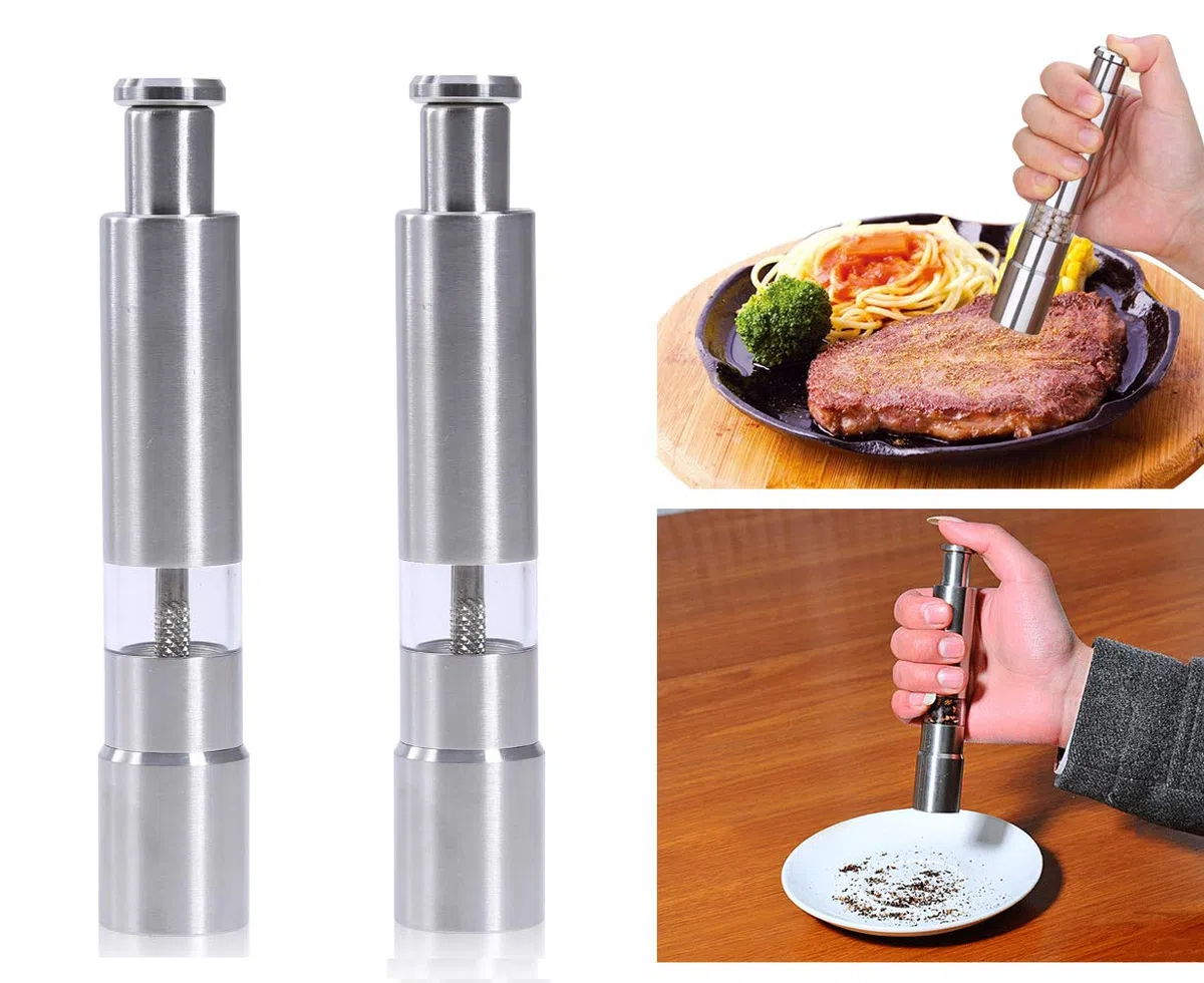 Set di macinini per sale e pepe in acciaio inossidabile con pulsante a pressione, design moderno, perfetto per pepe nero, sale marino e sale dell'Himalaya