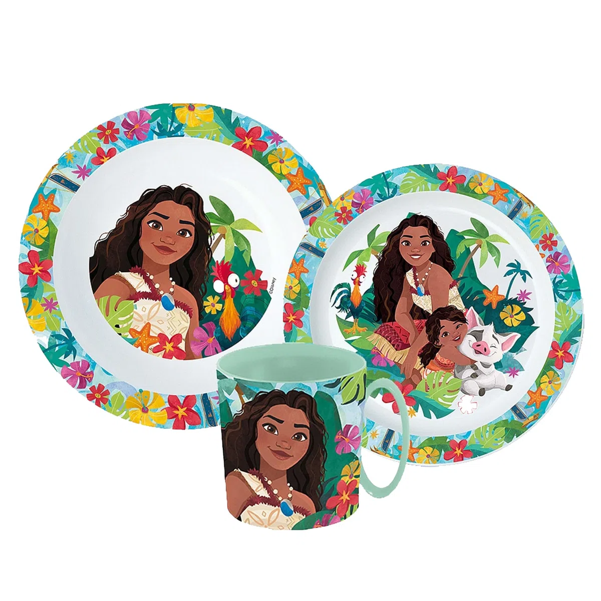 Set Stoviglie riutilizzabili Vaiana, Piatti Bambini per asilo scoula con piatto, ciotola, tazza 350ml, Set stoviglie in plastica dura adatta per microonde, Vaiana-Wow