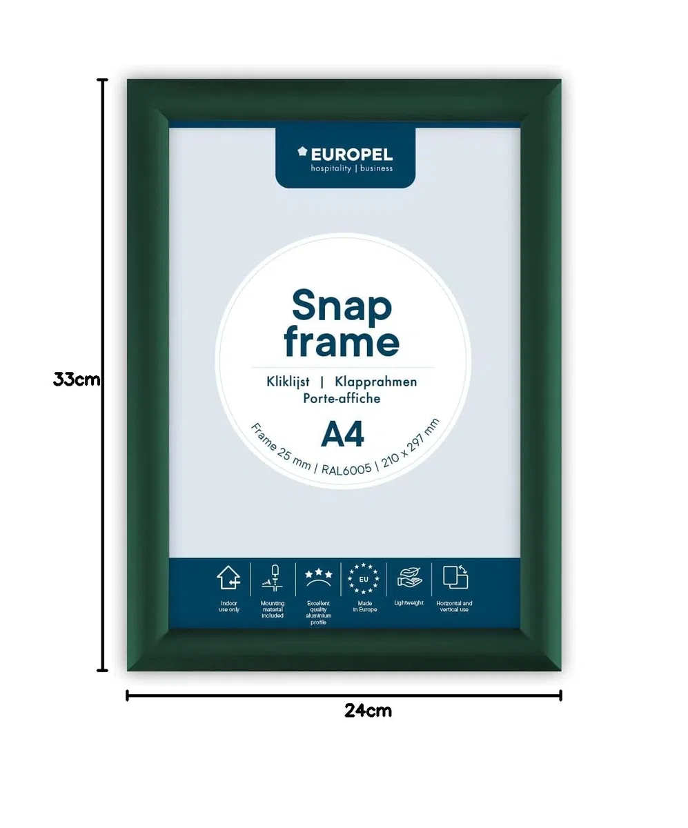 Europel cornice a scatto DIN A4 verde, sistema Easy-Click, profilo 25x11 mm, alluminio anodizzato, pellicola protettiva antiriflesso, dimensioni esterne 241x328 mm, retro in polistirene grigio