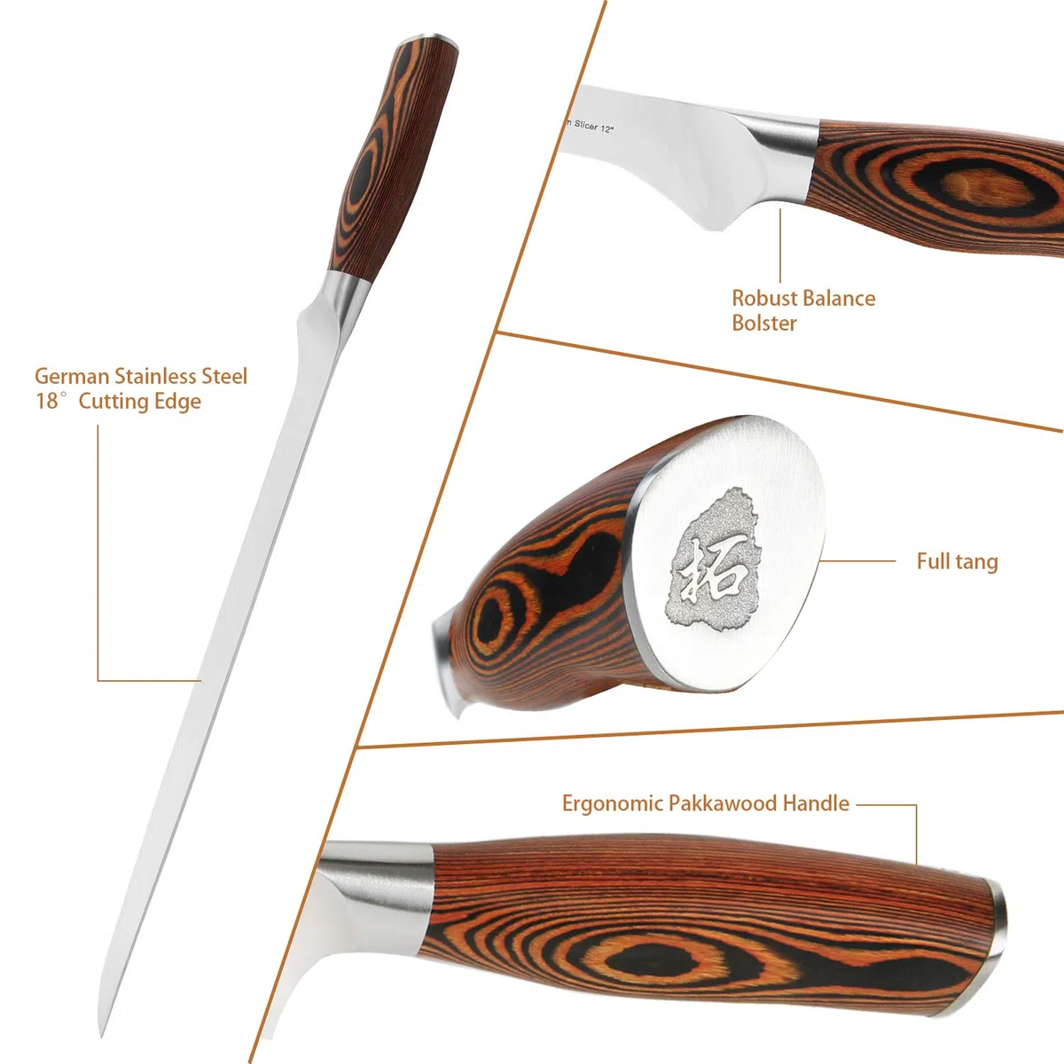 TUO Coltello Giapponese 30,5 cm - Coltello Sushi per tagliare carne e prosciutto in stile spagnolo - tedesco in acciaio e comodo manico in Pakkawood - Confezione regalo inclusa - Serie Fiery