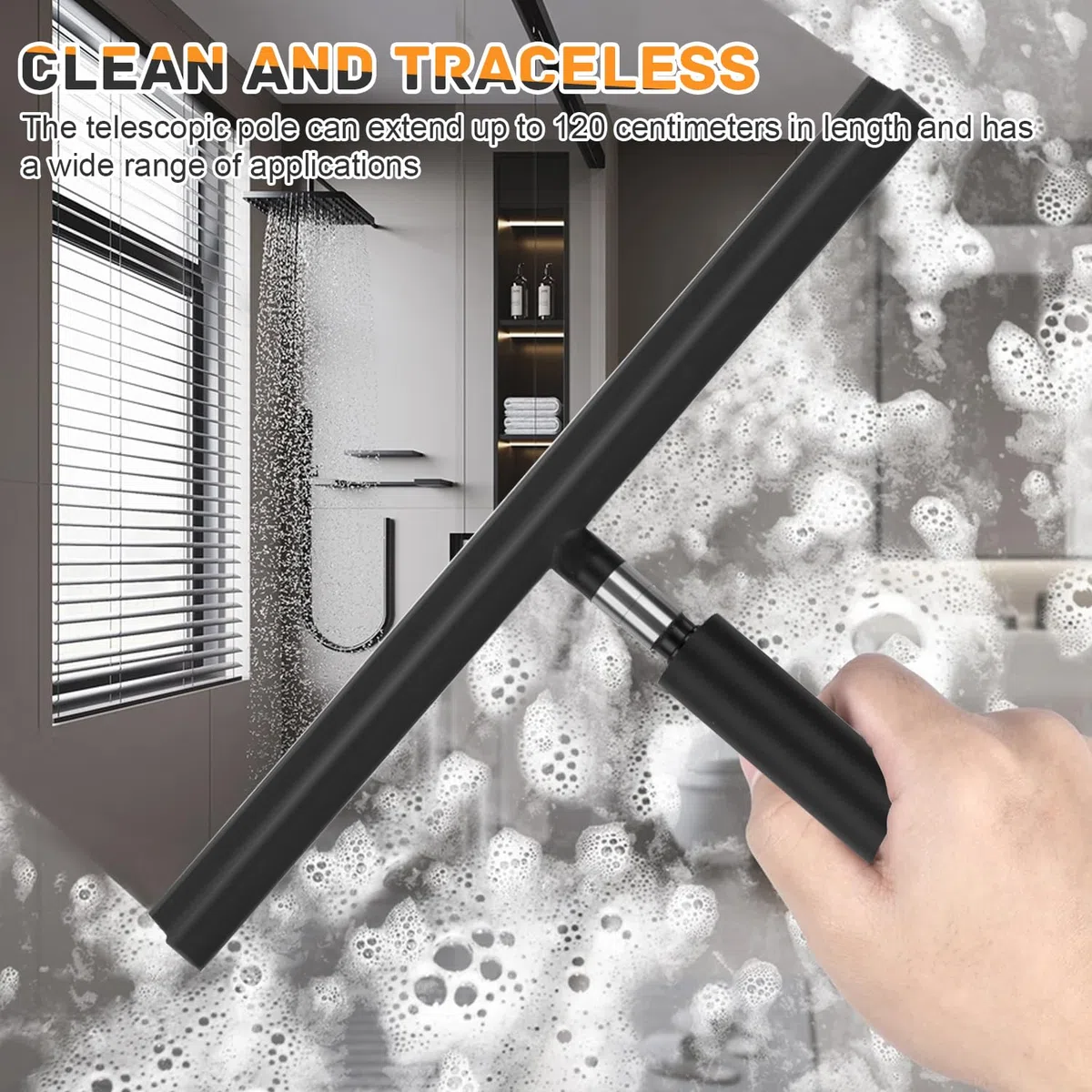 Lavavetri Telescopico 30-140cm, Tergivetro per Doccia, Tira Acqua da Doccia e Pavimenti, con Copertura in Tessuto e Gancio, Accessori Bagno per Pulizia Vetri Finestre, Specchi e Auto